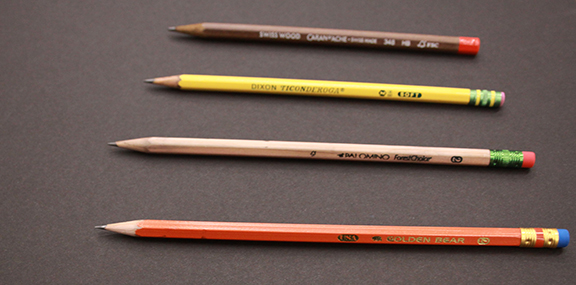 From bottom to top: Golden Bear, ForestChoice, Dixon Ticonderoga, Swiss Wood Caran'D'ache