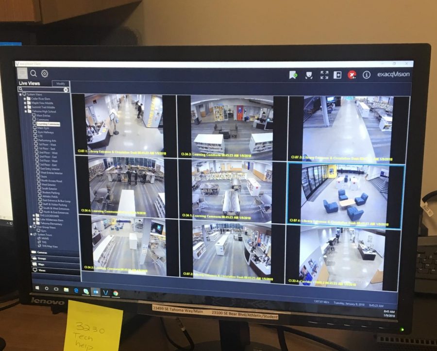 Security Cameras display multiple feeds in Weihes office.