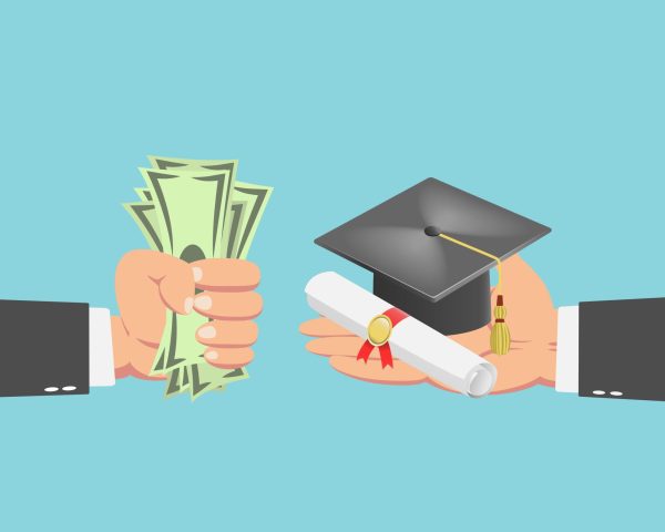 Two different hands in front of blue background. Left hand holding money. Right hand holding a graduation cap and diploma.
